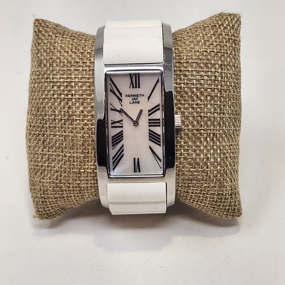 Kenneth Jay Lane Breakers Bangle Watch White Silicone Inlay Mother Of Pearl Dial - Picture 1 of 9